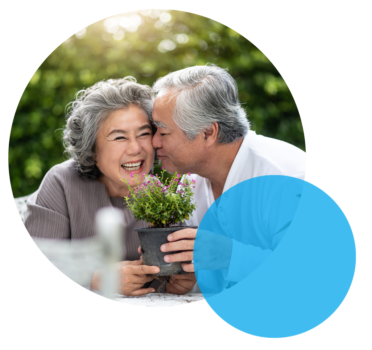 senior couple holding a plant