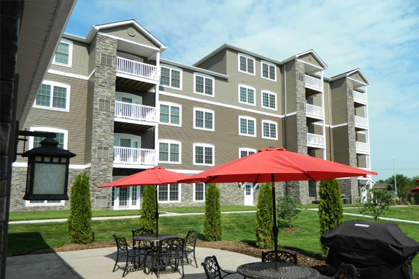 Connect55+ Elkhorn building exterior with patios