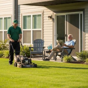 Maintenance worker mowing