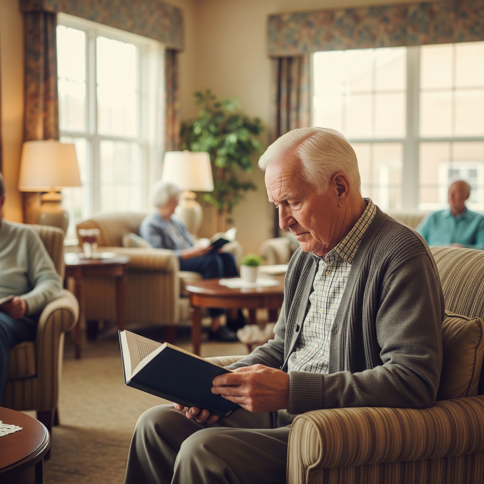 Senior peacefully reading a book in a comfortable common area, highlighting mental well-being.