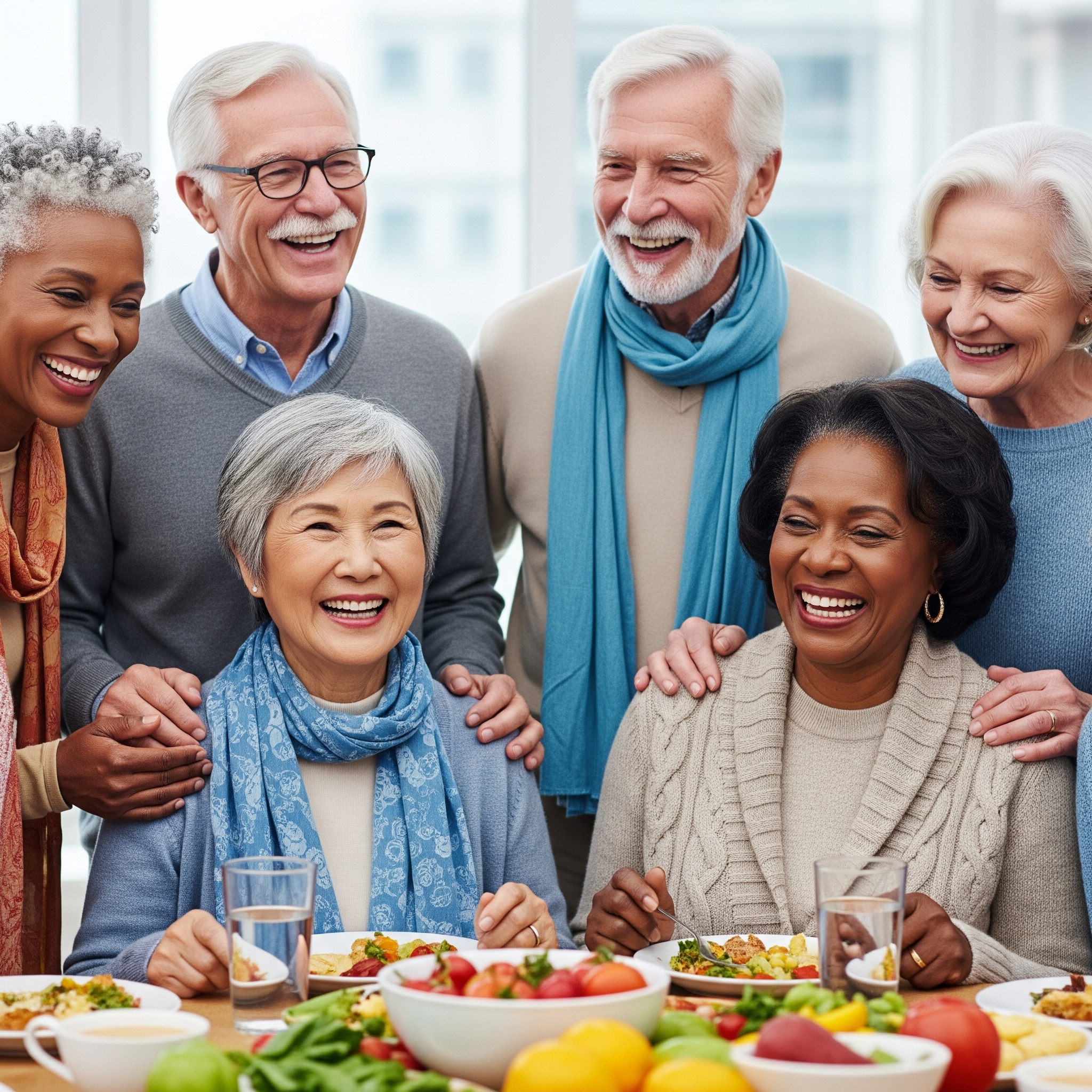 Group of happy seniors enjoying a communal meal, showcasing a supportive community.