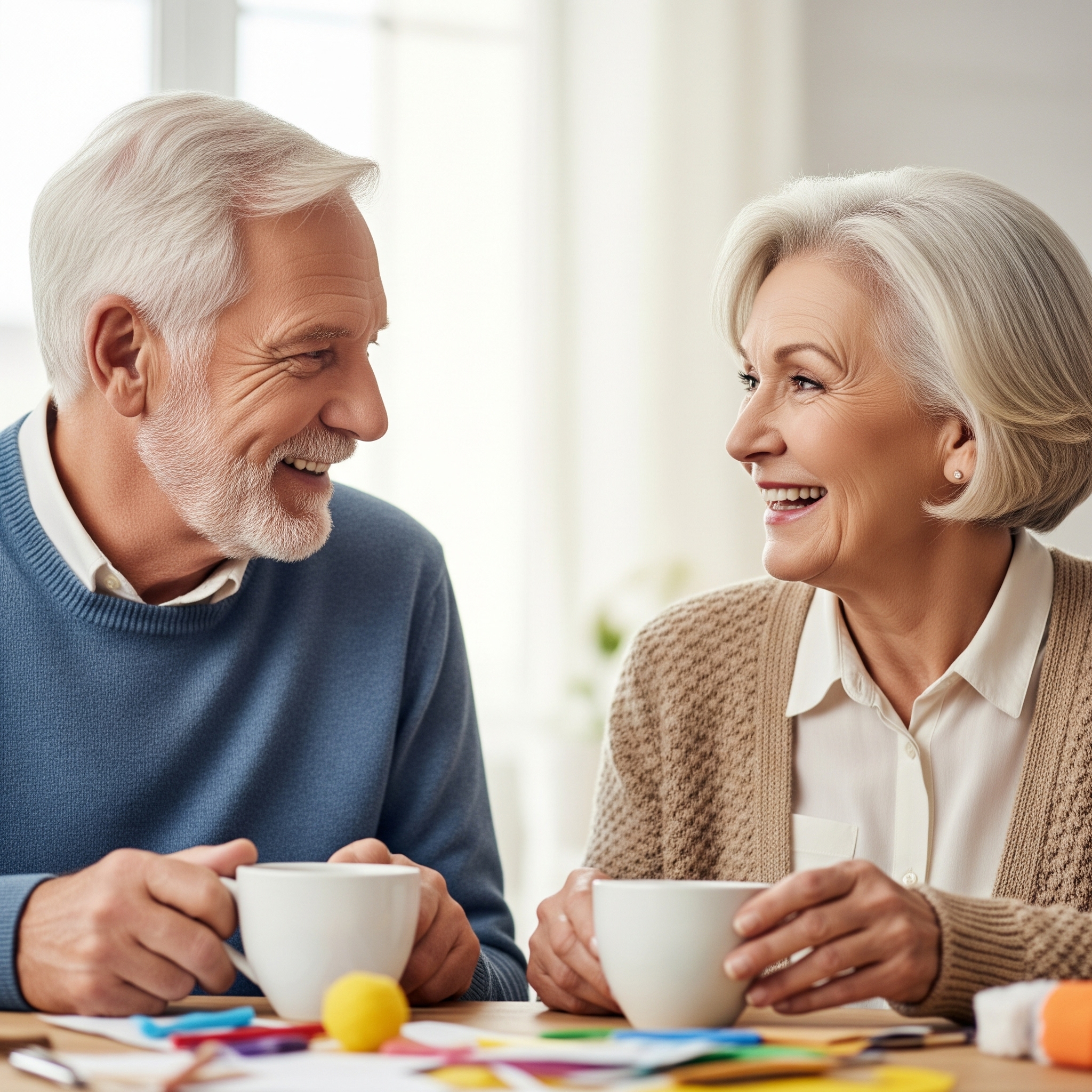 Two seniors sharing a warm, friendly conversation, emphasizing community bonds.