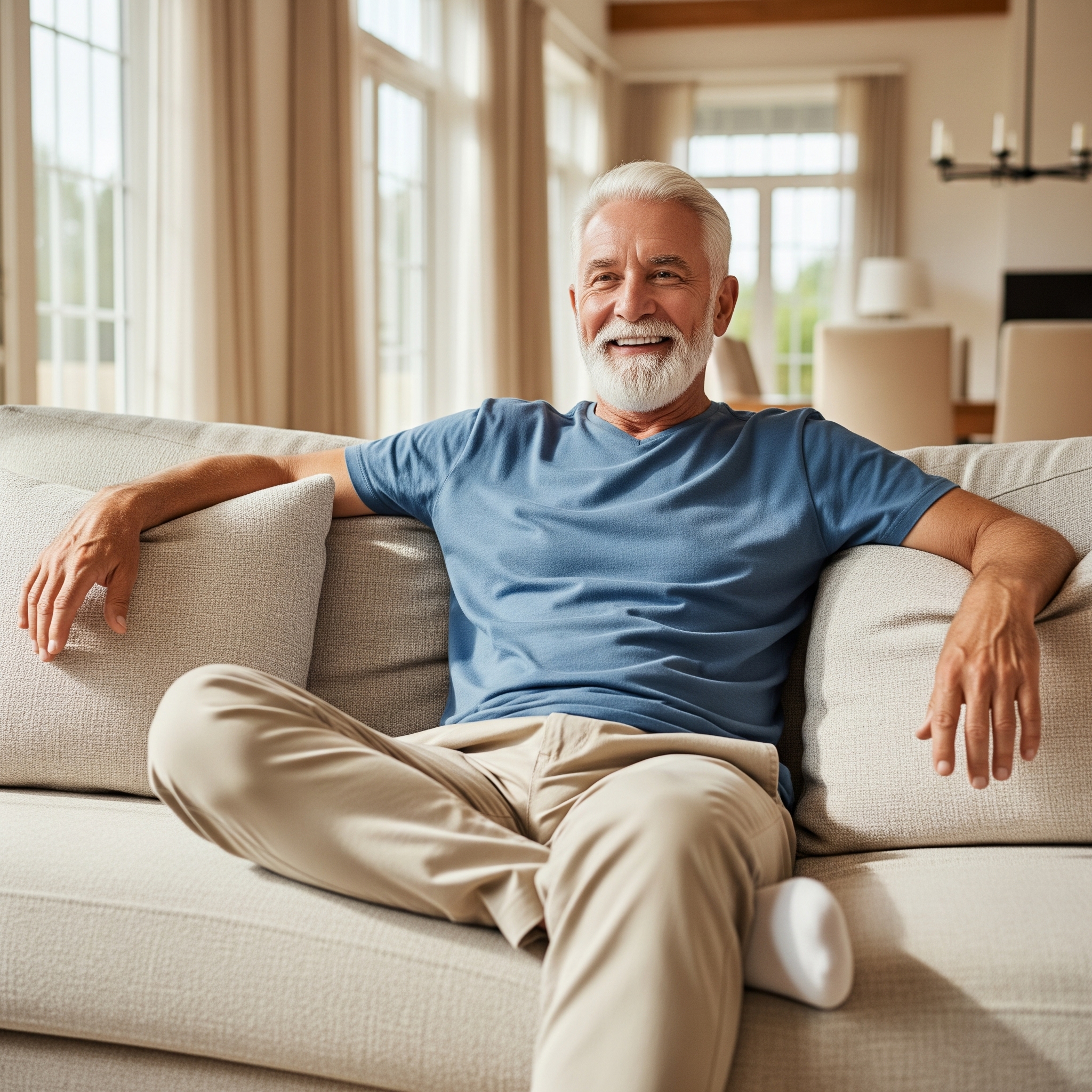 A smiling senior man relaxing on a comfortable couch in a spacious living room.