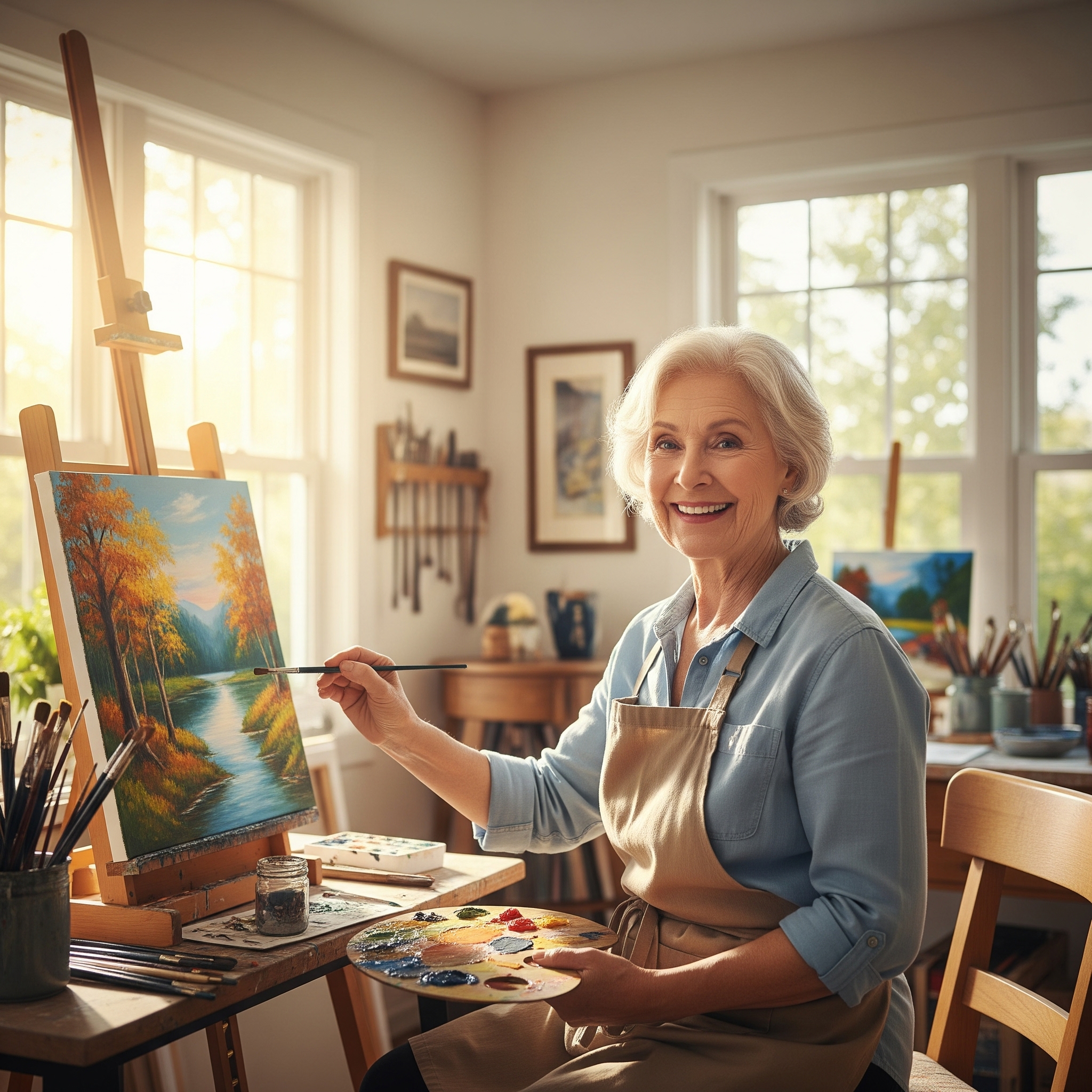 Senior woman smiling while painting a canvas in an art studio.