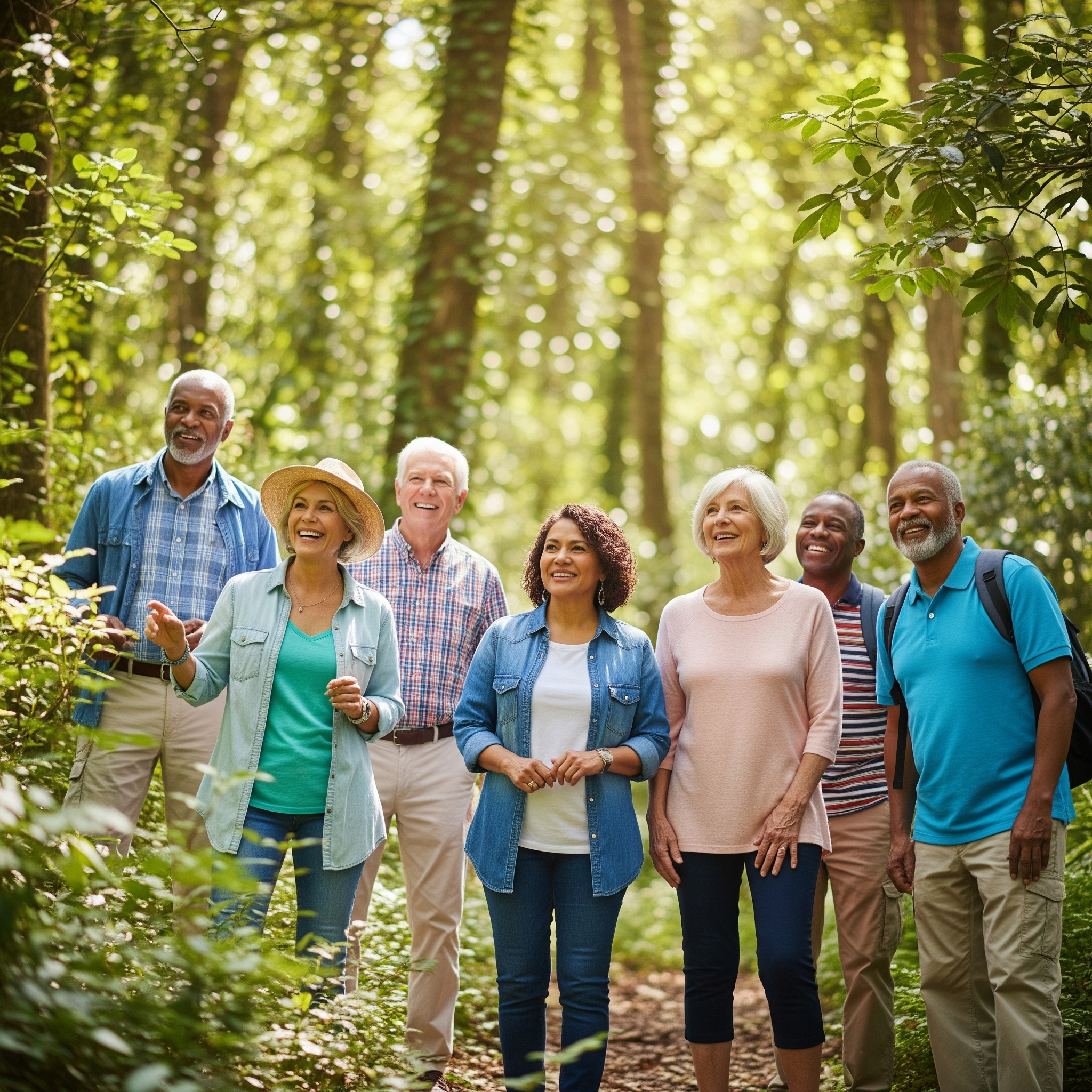 Group of active seniors happily participating in an outdoor walking club.