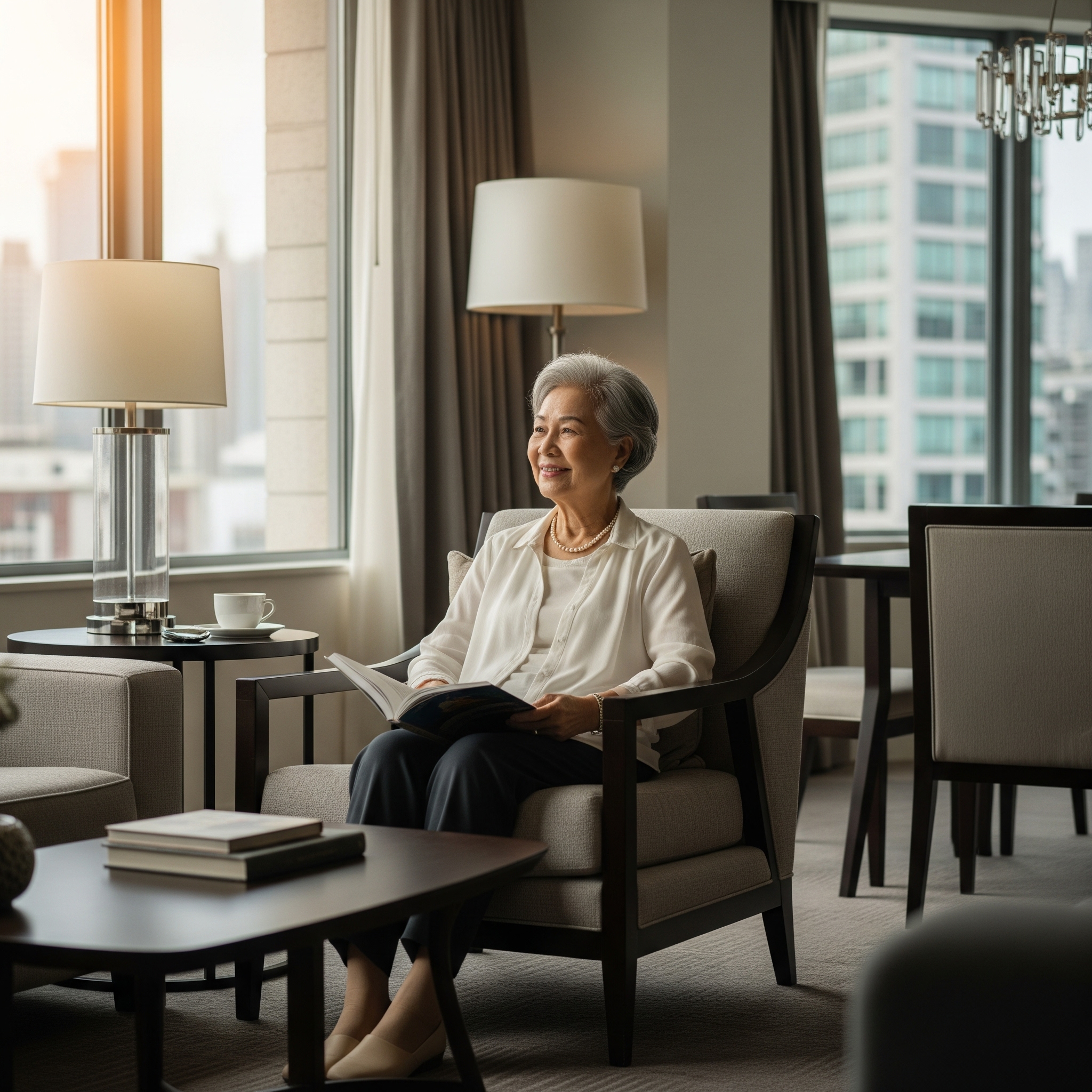 Senior woman comfortably reading a book in her modern, well-lit apartment.