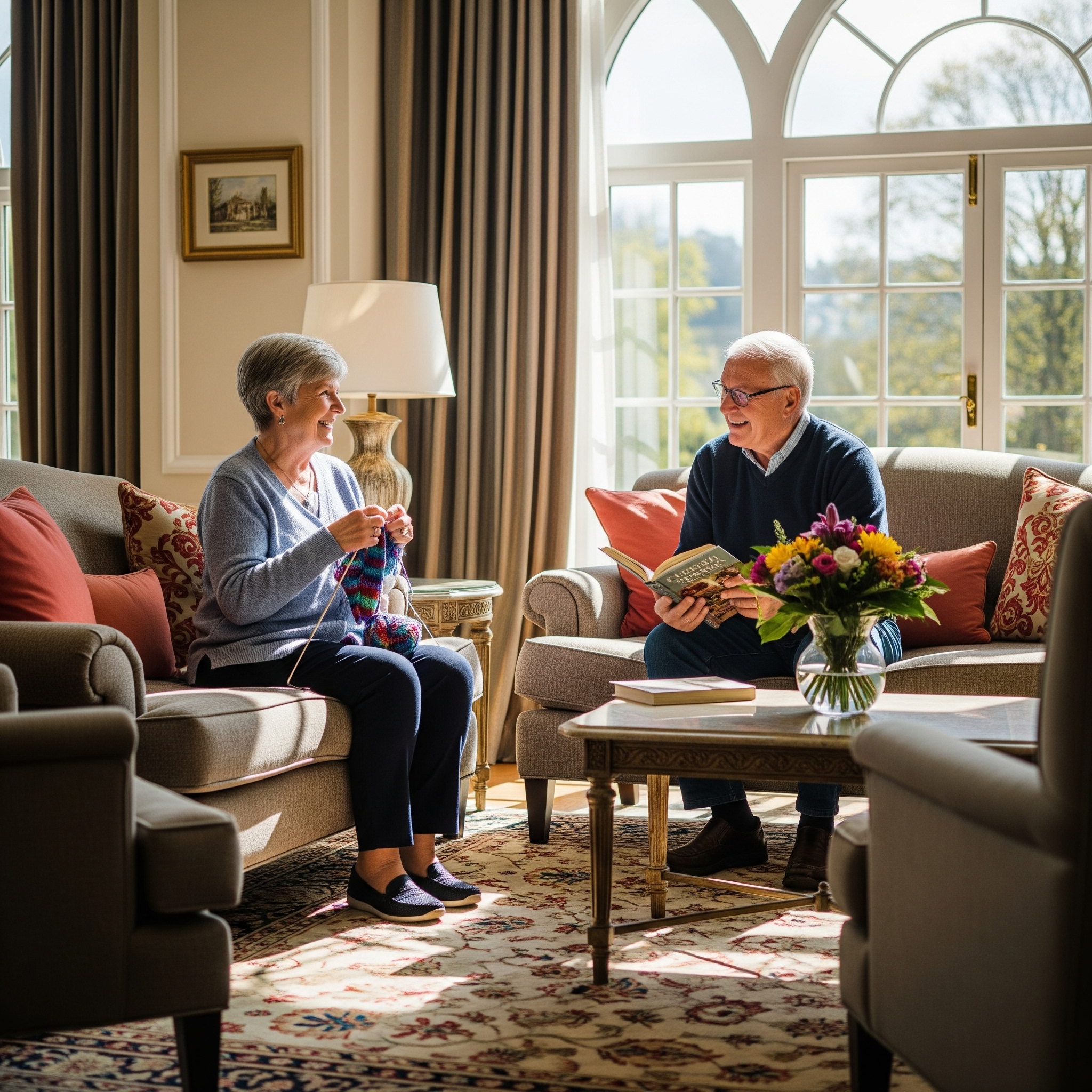 Two Connect55+ residents enjoying a spontaneous conversation in a comfortable shared lounge.