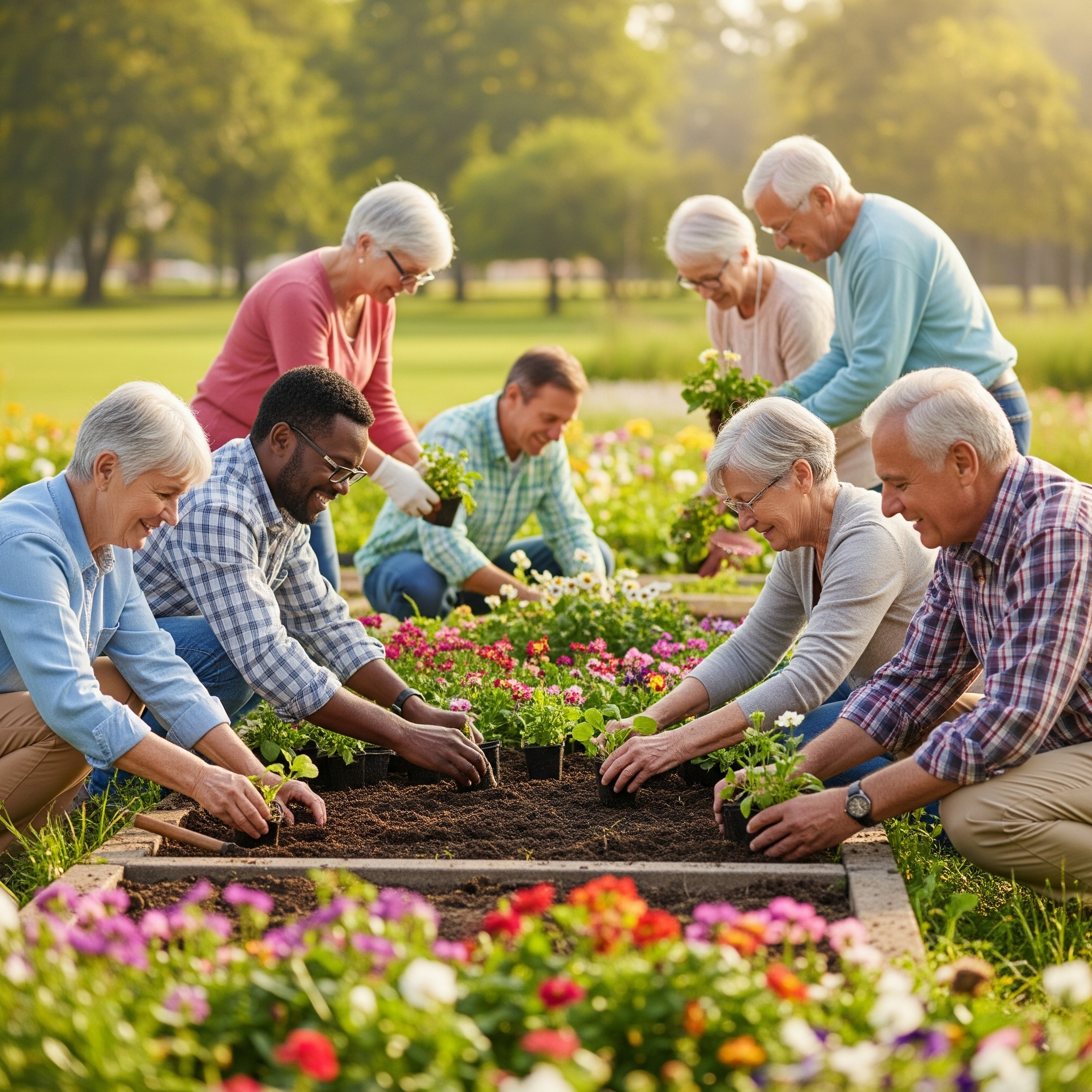 Seniors working together on a community garden project, planting flowers.