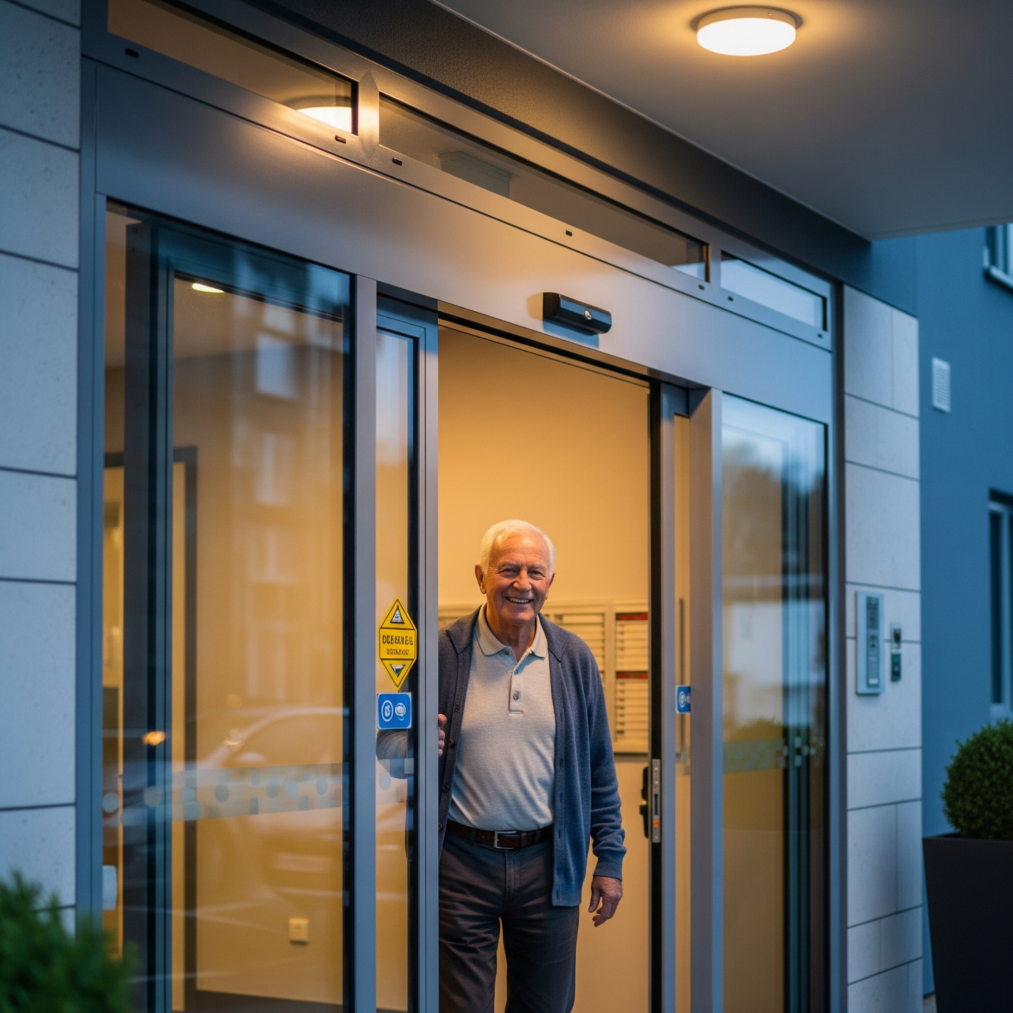 Close-up of a modern, secure apartment building entrance with a smiling senior resident entering