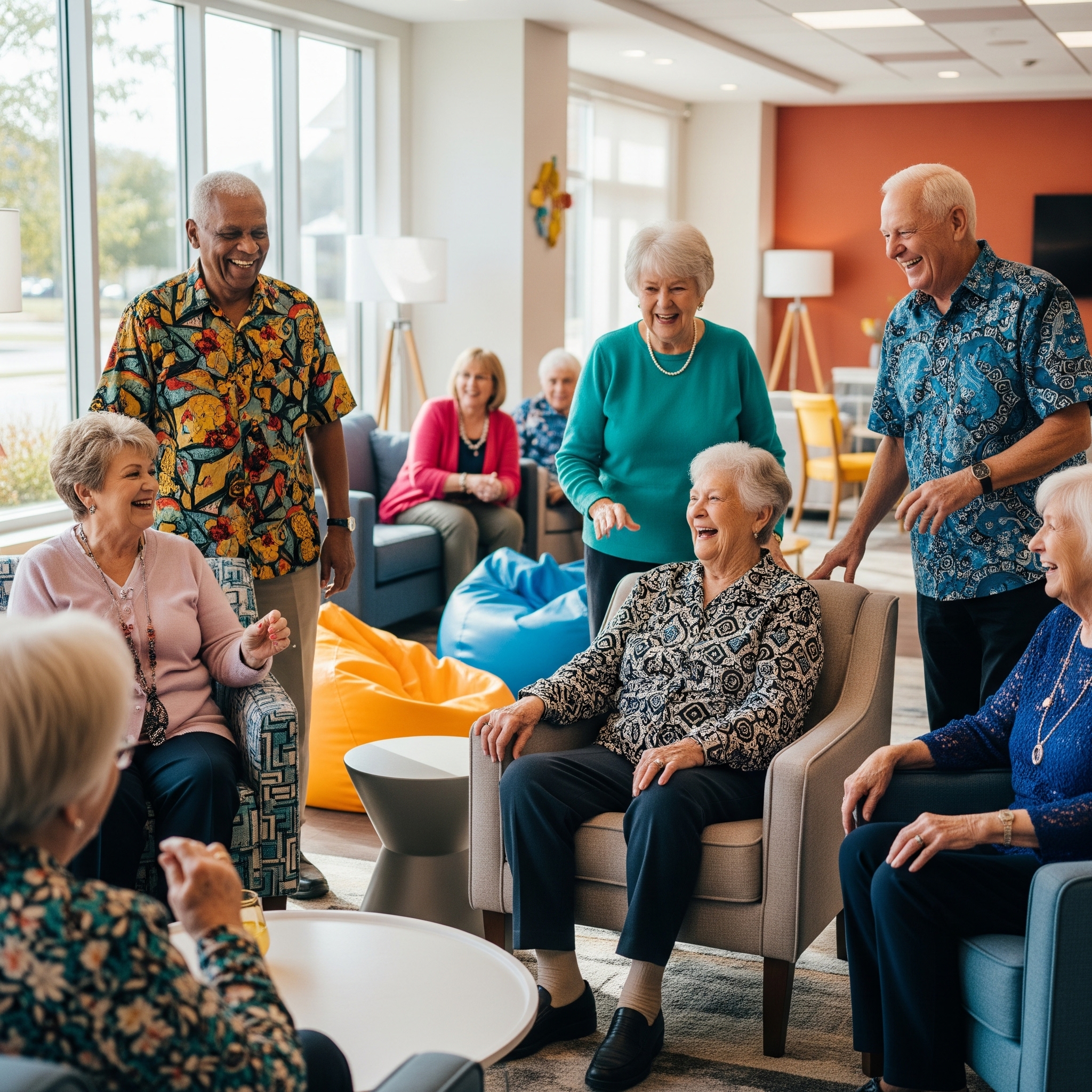 A group of seniors laughing and socializing in a bright common area