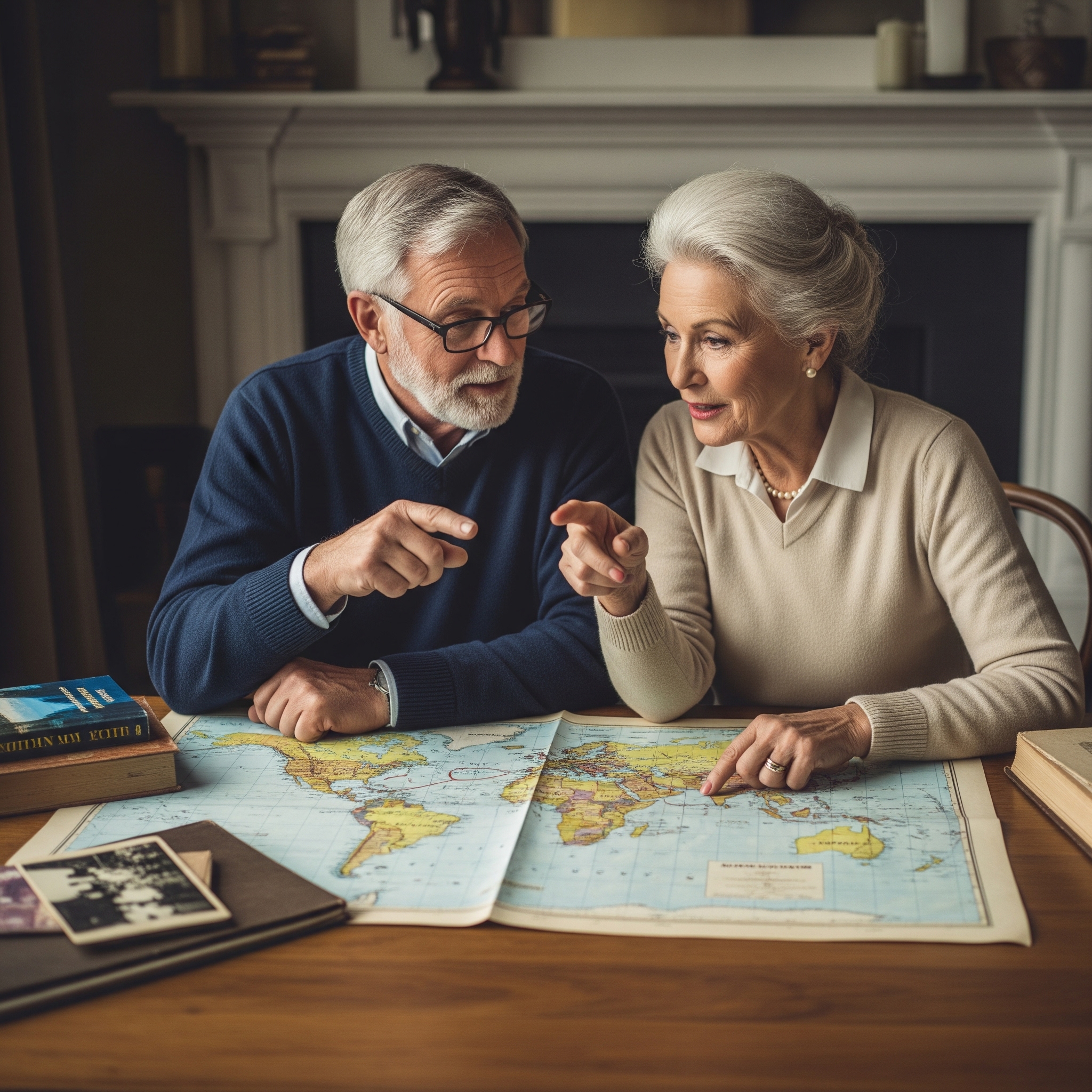 Senior couple looking at a world map, planning their next travel destination