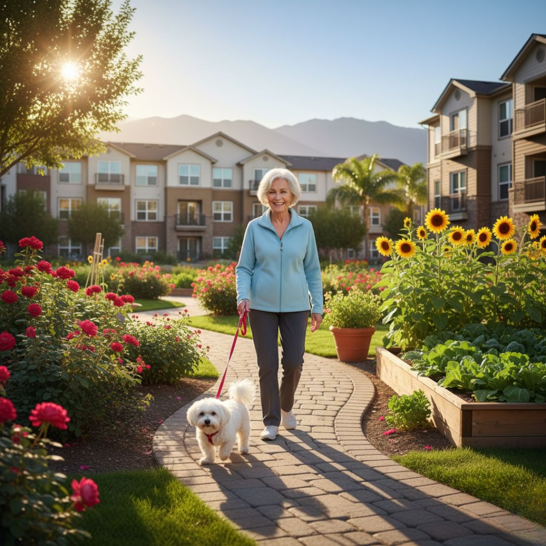 walking dog through garden