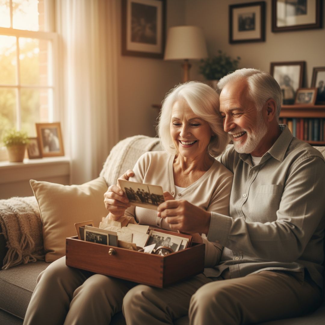 couple looking at old photographs