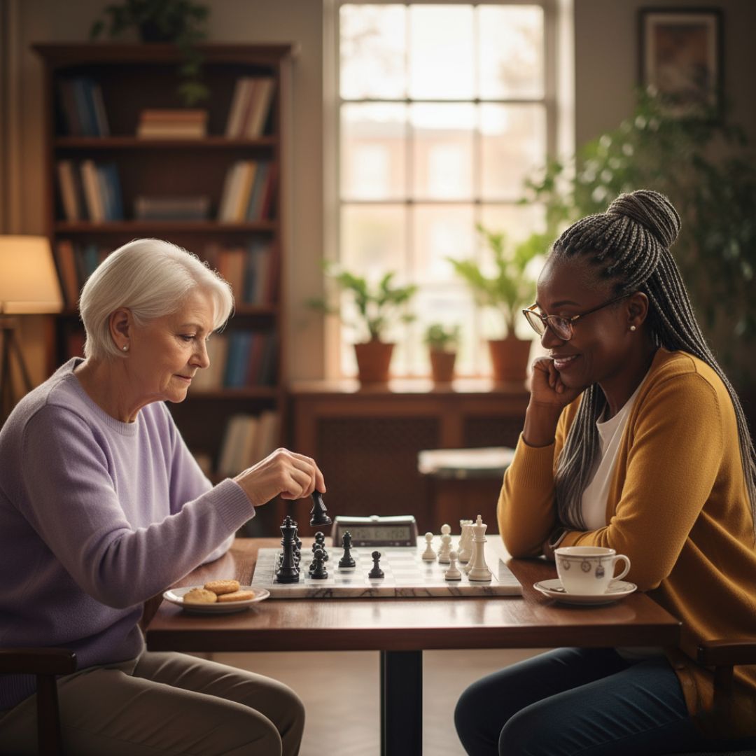 playing chess with visitor