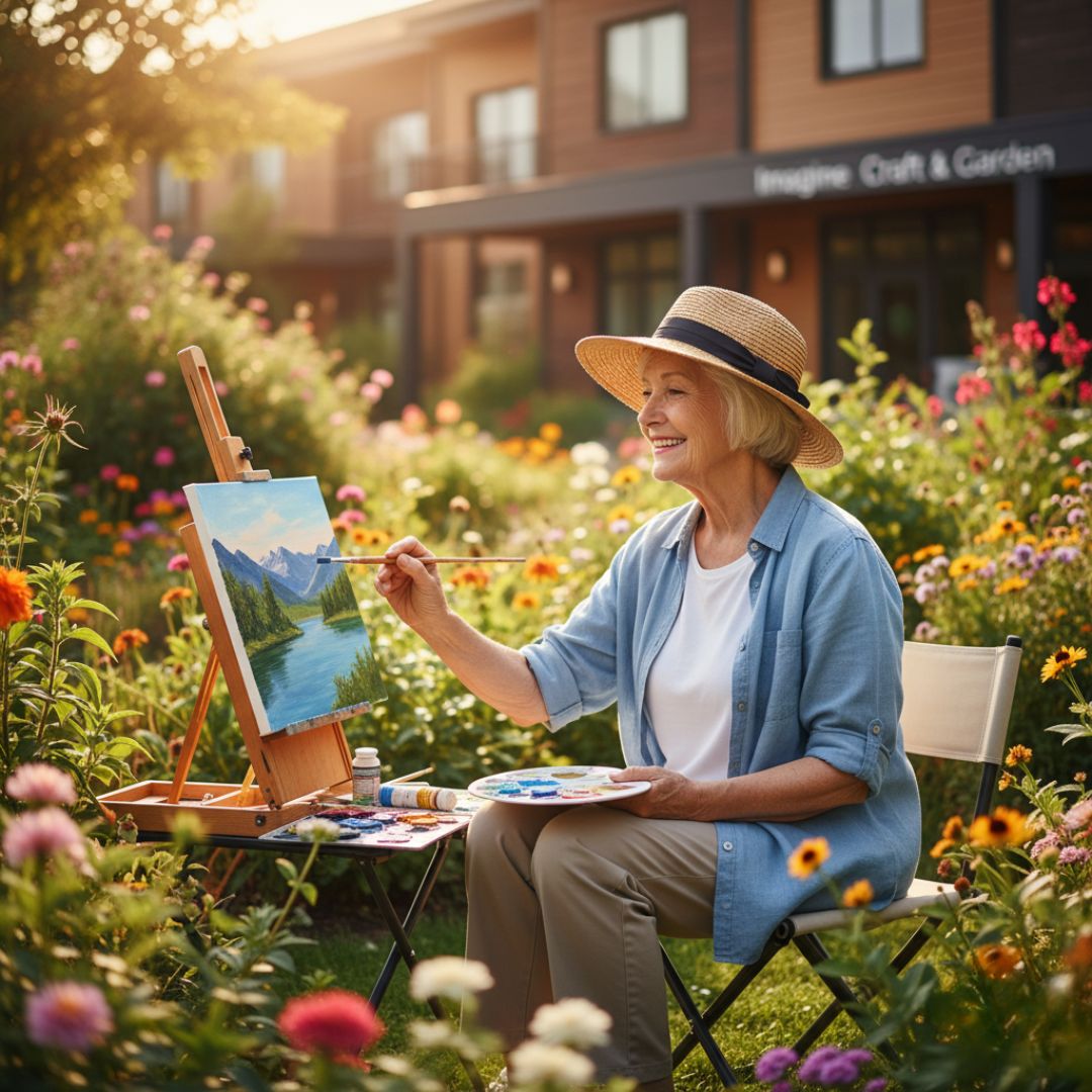 senior painting in the garden