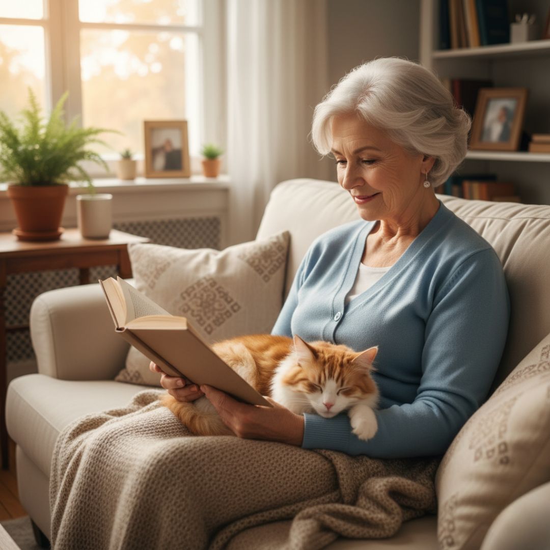 reading book while cat sits on lap