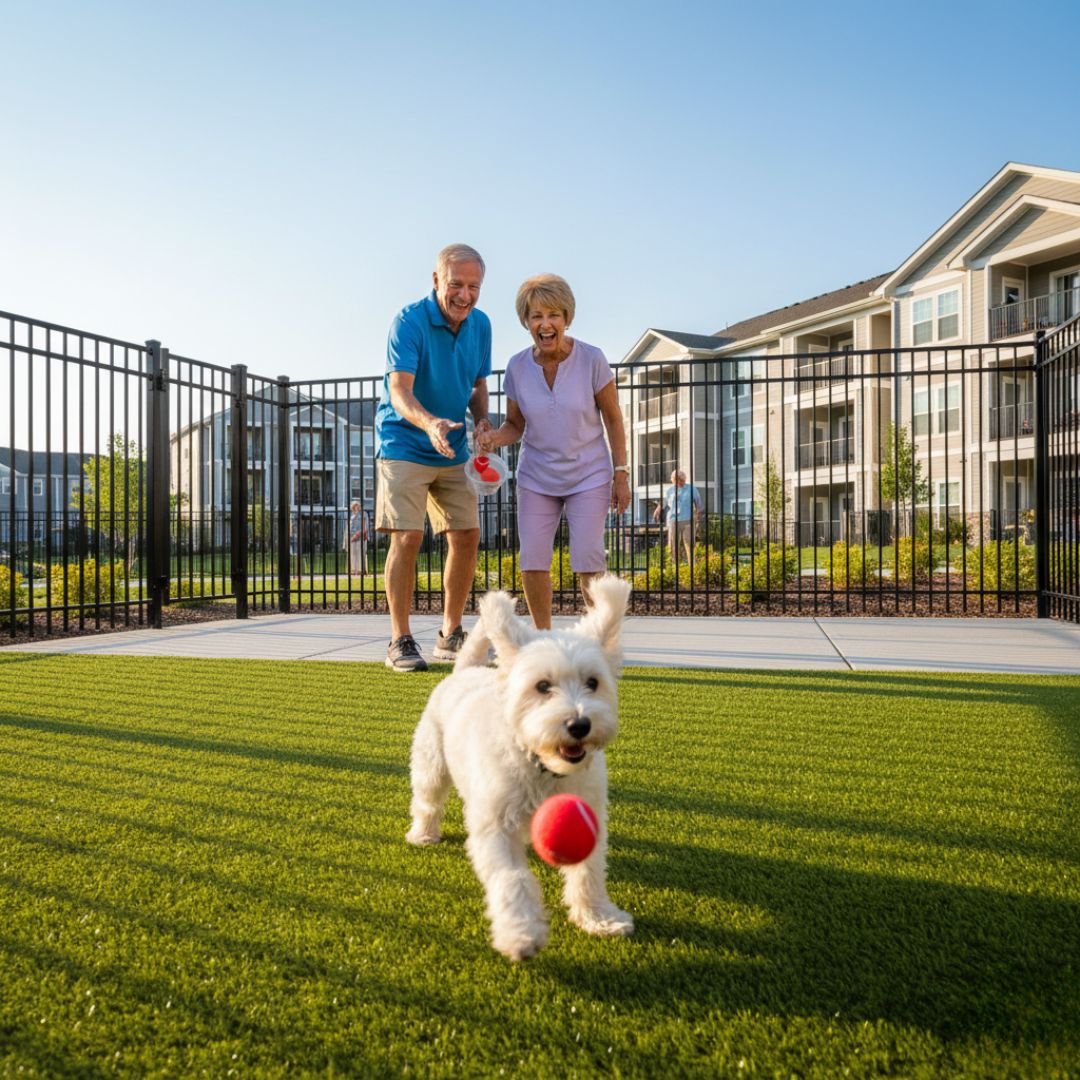 friends playing fetch with dog