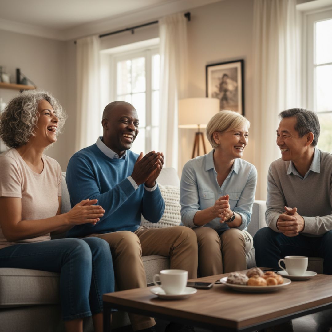 group of friends in living room