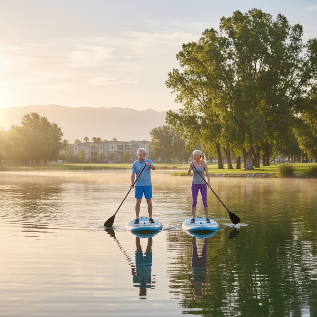 senior couple paddle boarding