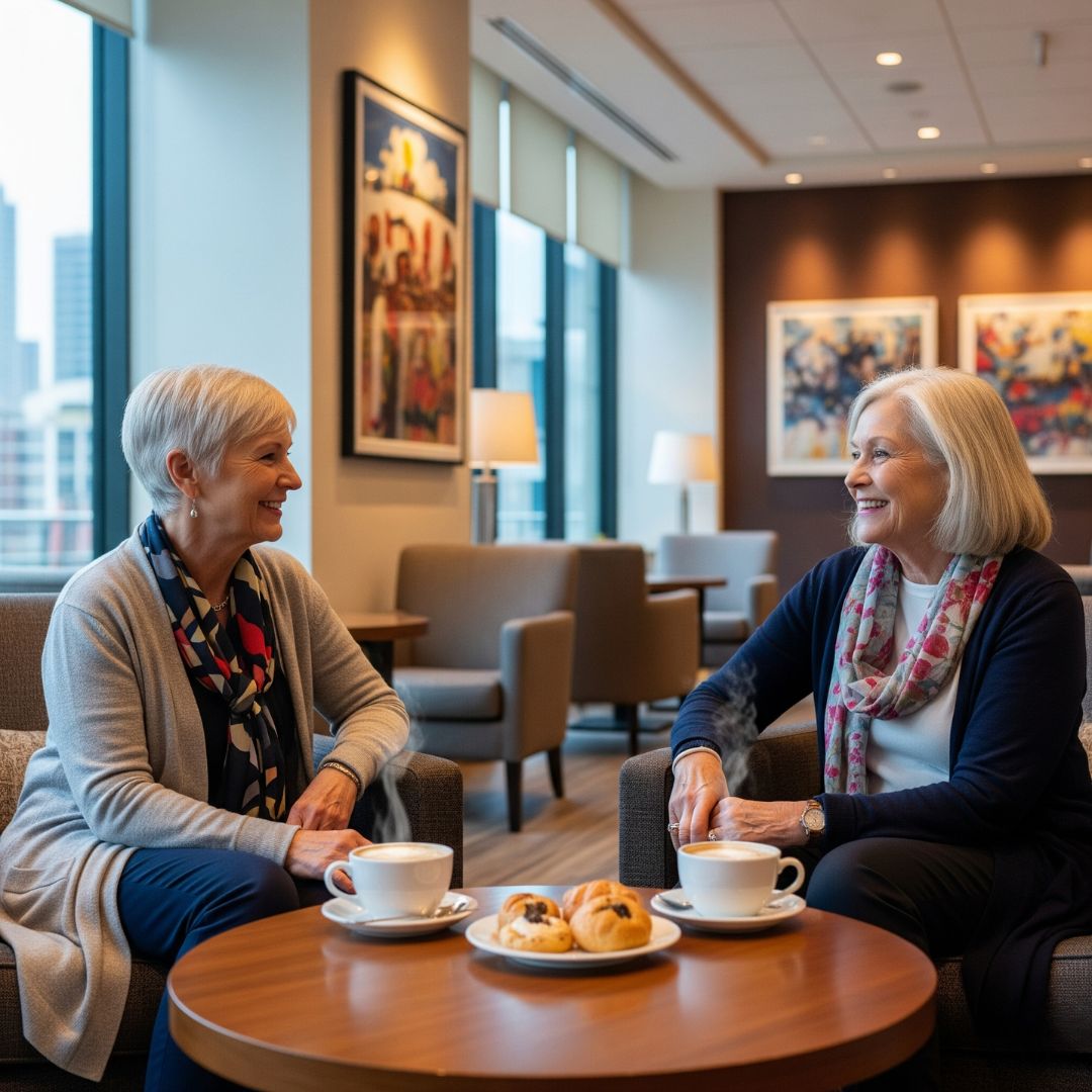 two friends having conversation over coffee