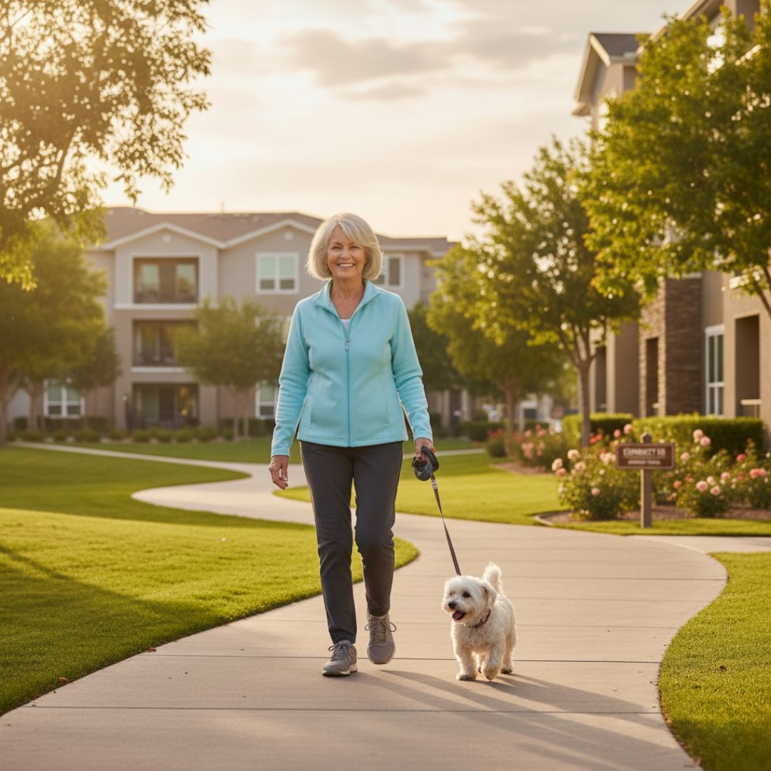 senior woman walking dog