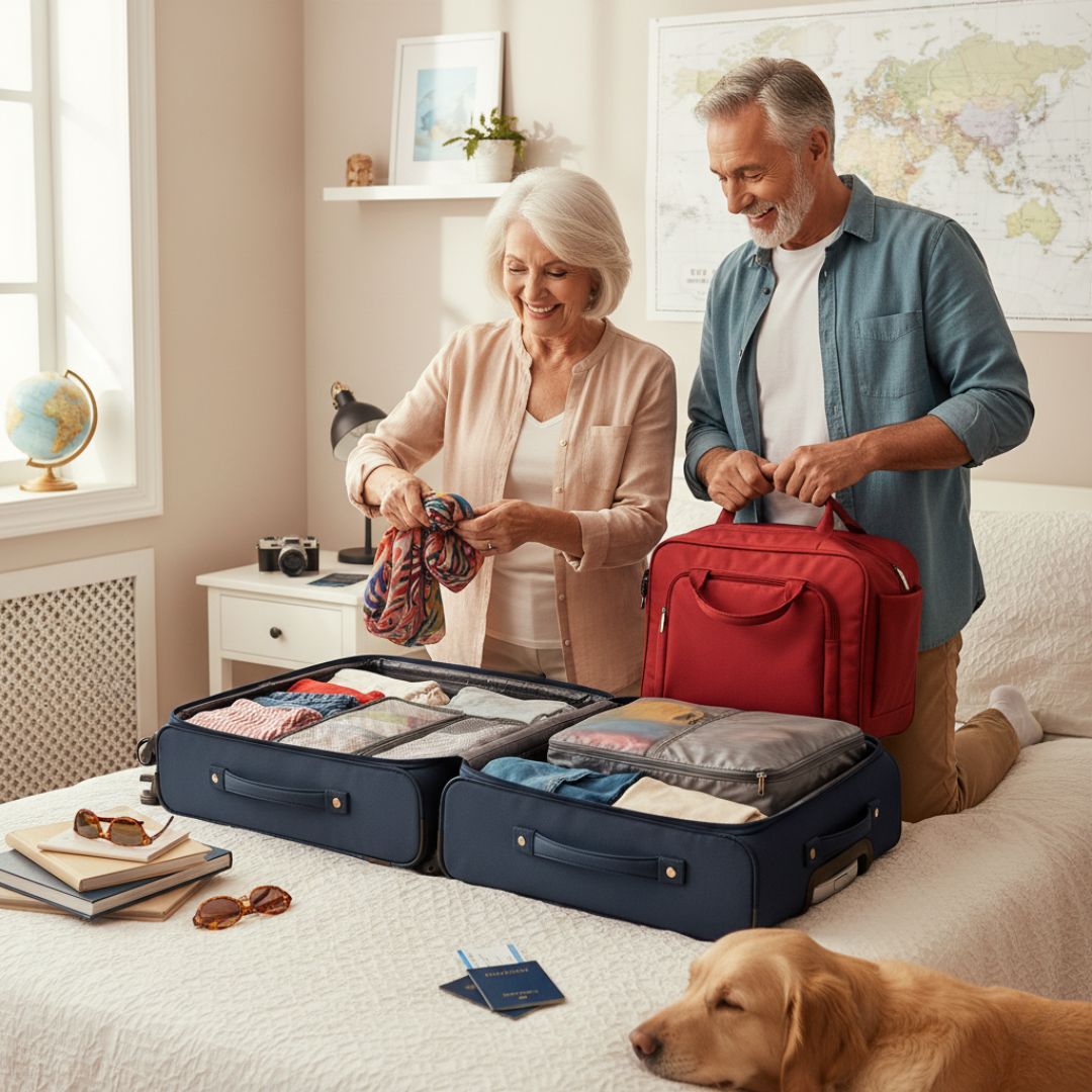 senior couple packing bags