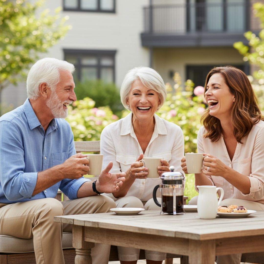 parents laughing with adult daughter at lunch