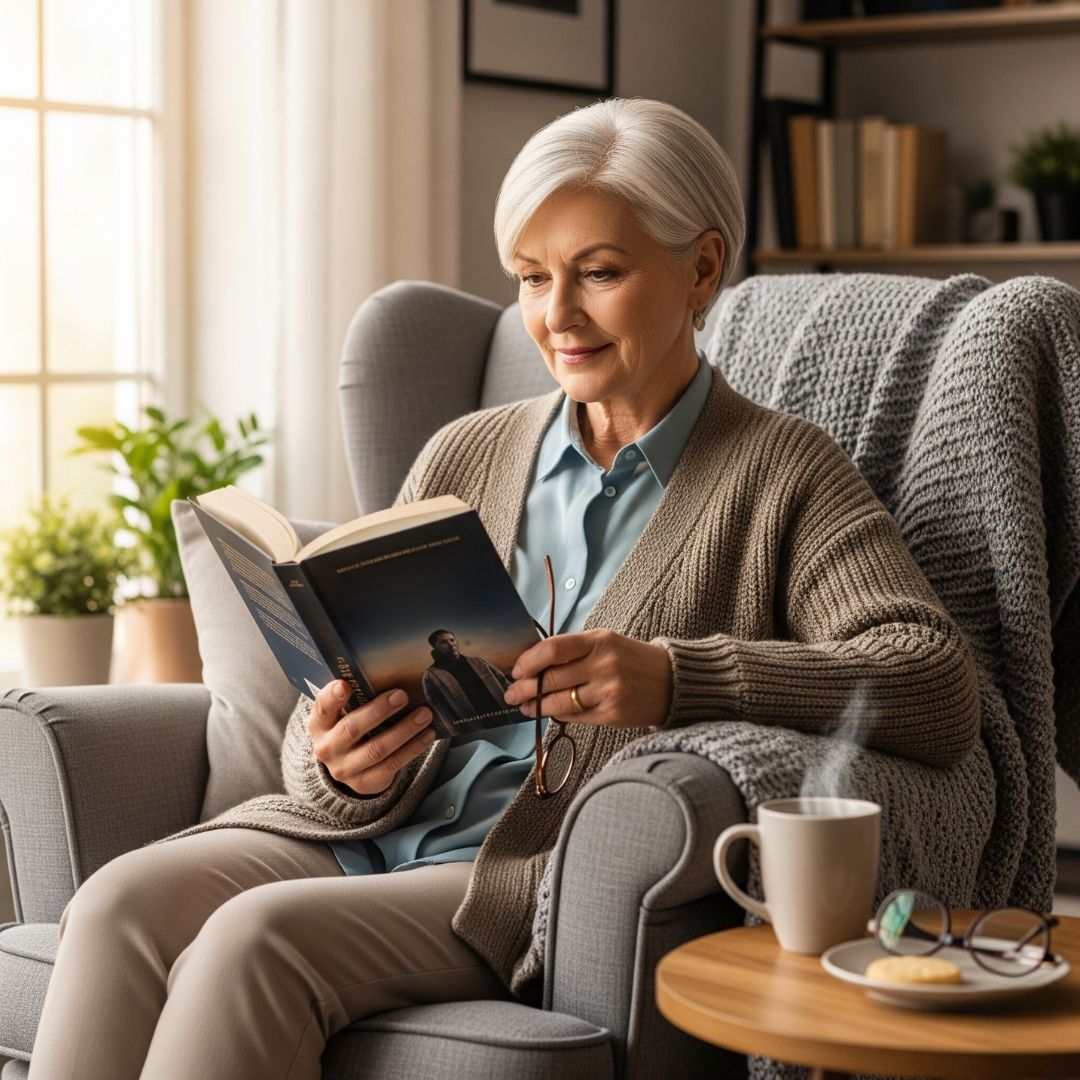 woman happily reading book