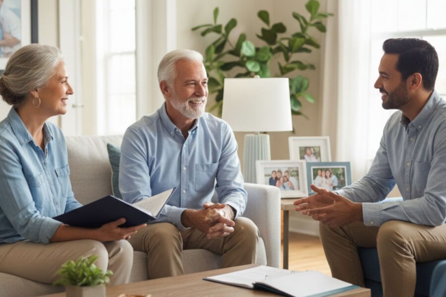 parents talking with adult son in living room