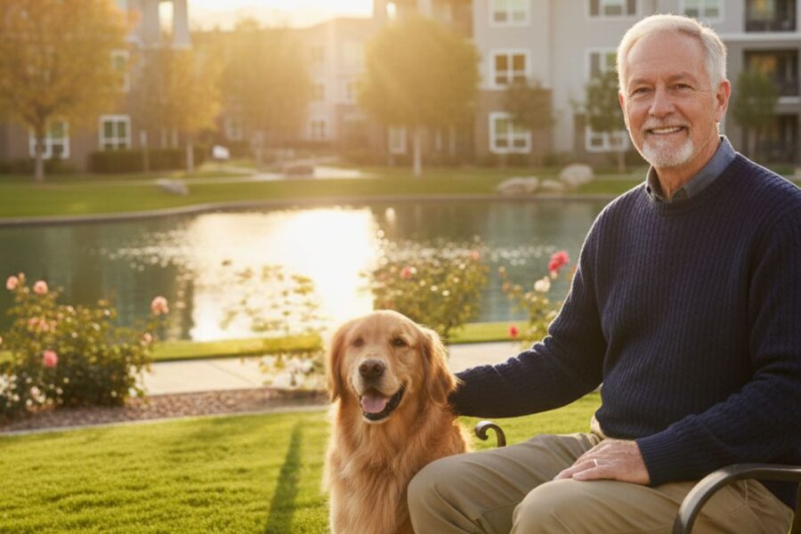 man petting golden retriever dog