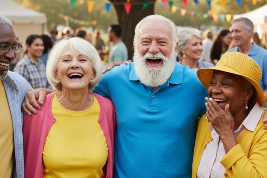 group of friends laughing at community event