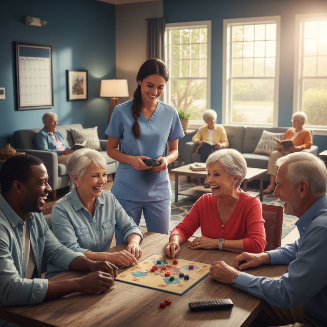 A group of four laughing, diverse seniors playing a board game at a table in a warm, inviting common area