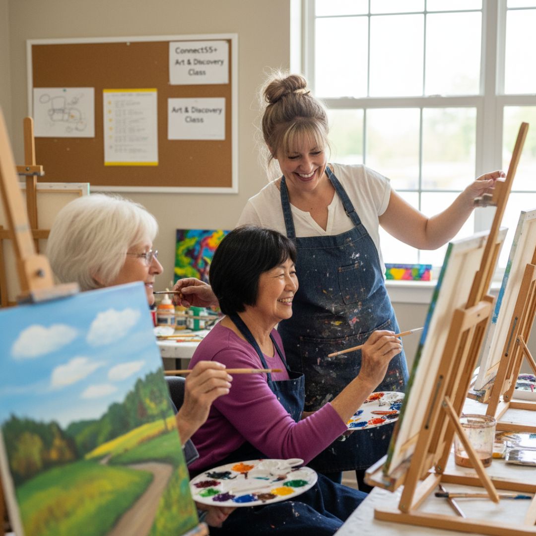 A diverse group of joyful senior women actively participating in an "Art & Discovery Class," painting on canvases with a smiling instructor providing guidance