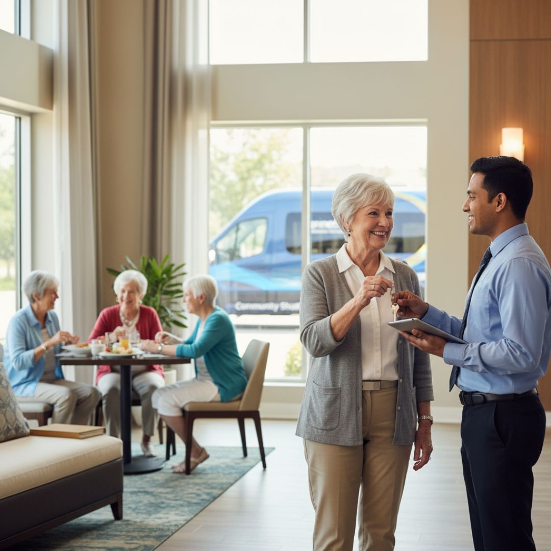 A friendly male staff member hands keys to a happy senior woman in a bright, modern lobby
