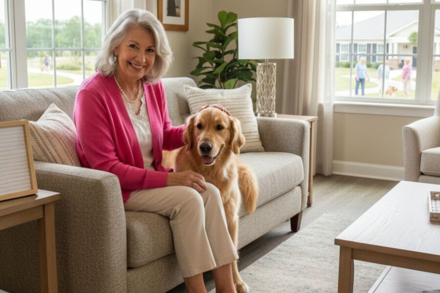 A smiling senior woman sits on a sofa in a bright, modern living room, petting a golden retriever
