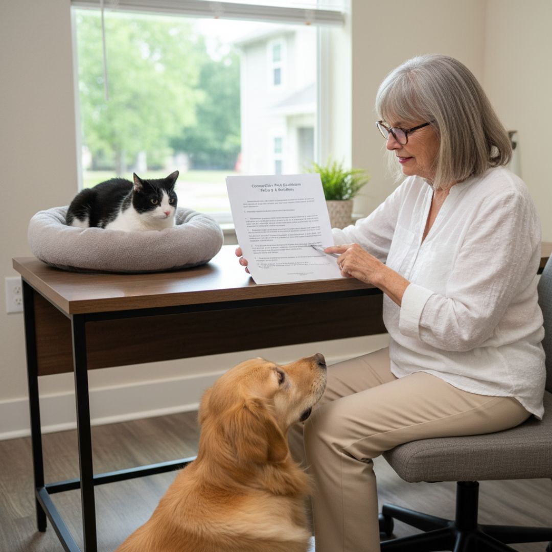 A senior woman wearing glasses sits at a desk, reviewing a document labeled "Community Pet Regulations" while pointing with a pen