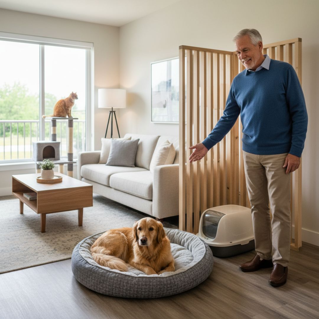 A smiling senior man gestures towards a golden retriever resting in a large pet bed in a spacious, modern living room