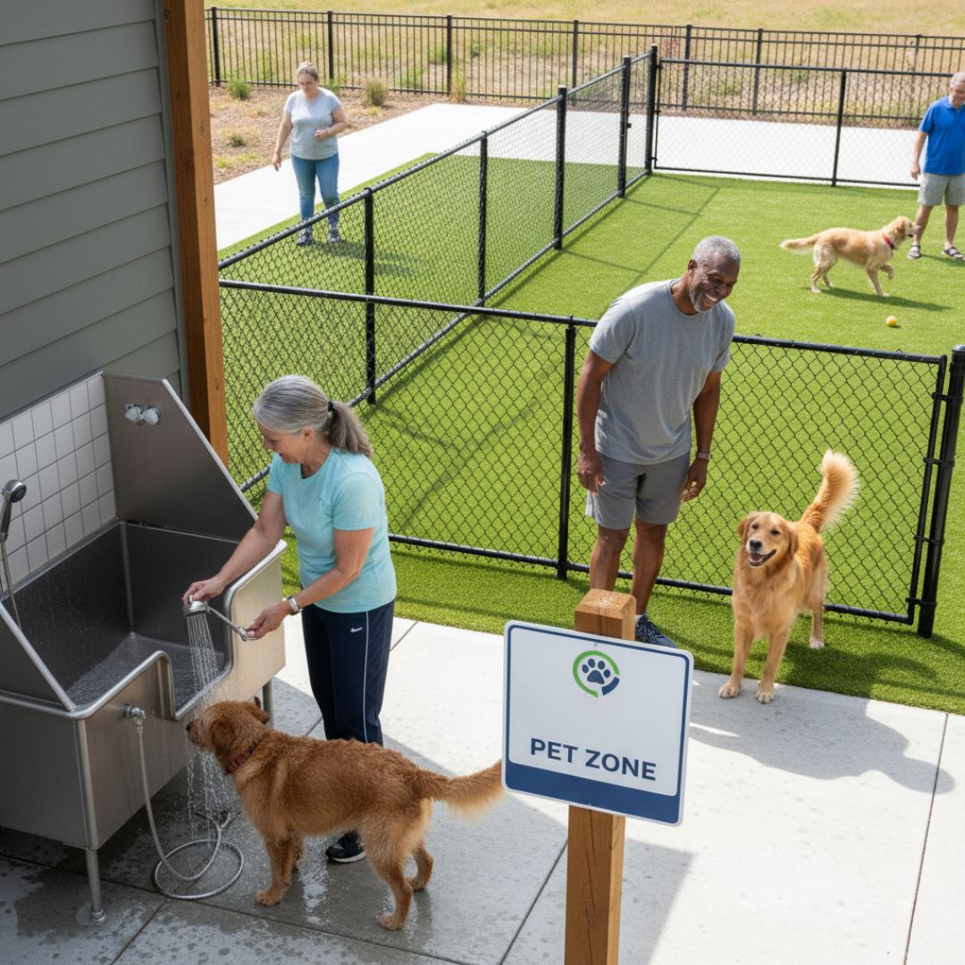 a senior woman washes her golden retriever in a stainless steel pet washing station. Nearby, a senior man smiles as his golden retriever plays, and in a fenced dog park with artificial turf, other seniors and their dogs enjoy the space