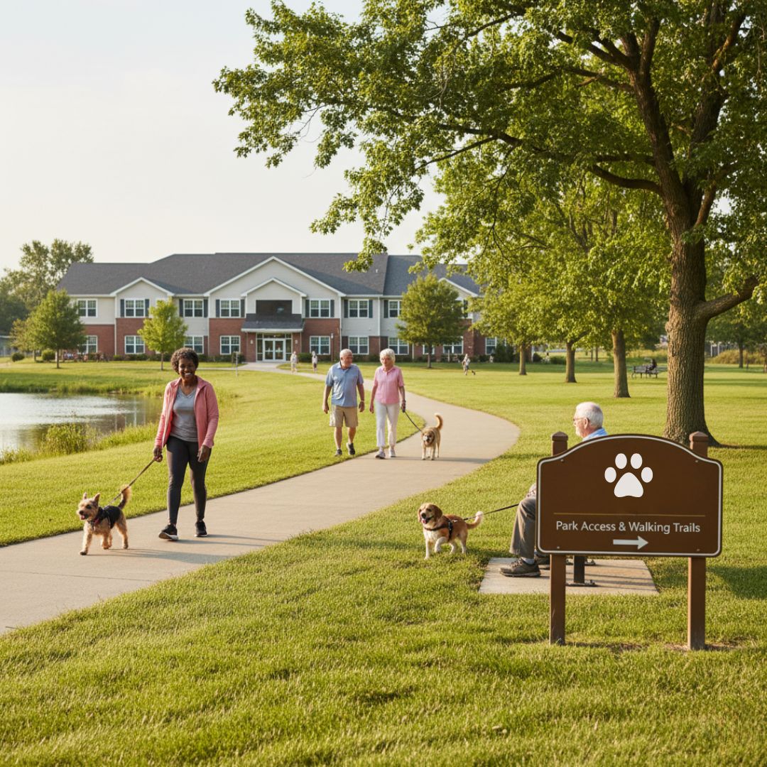 Seniors enjoy an outdoor park area with their dogs