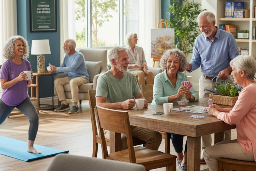A group of diverse, happy seniors actively engaging in various activities within a modern, bright common area