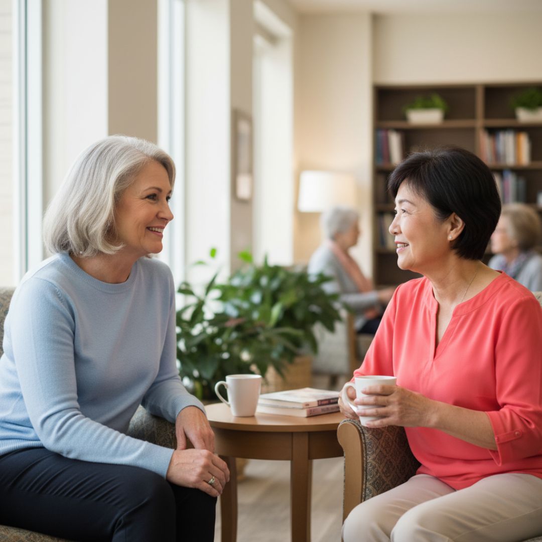 Two smiling senior women of different ethnicities engaged in a friendly conversation over coffee in a bright, comfortable community lounge