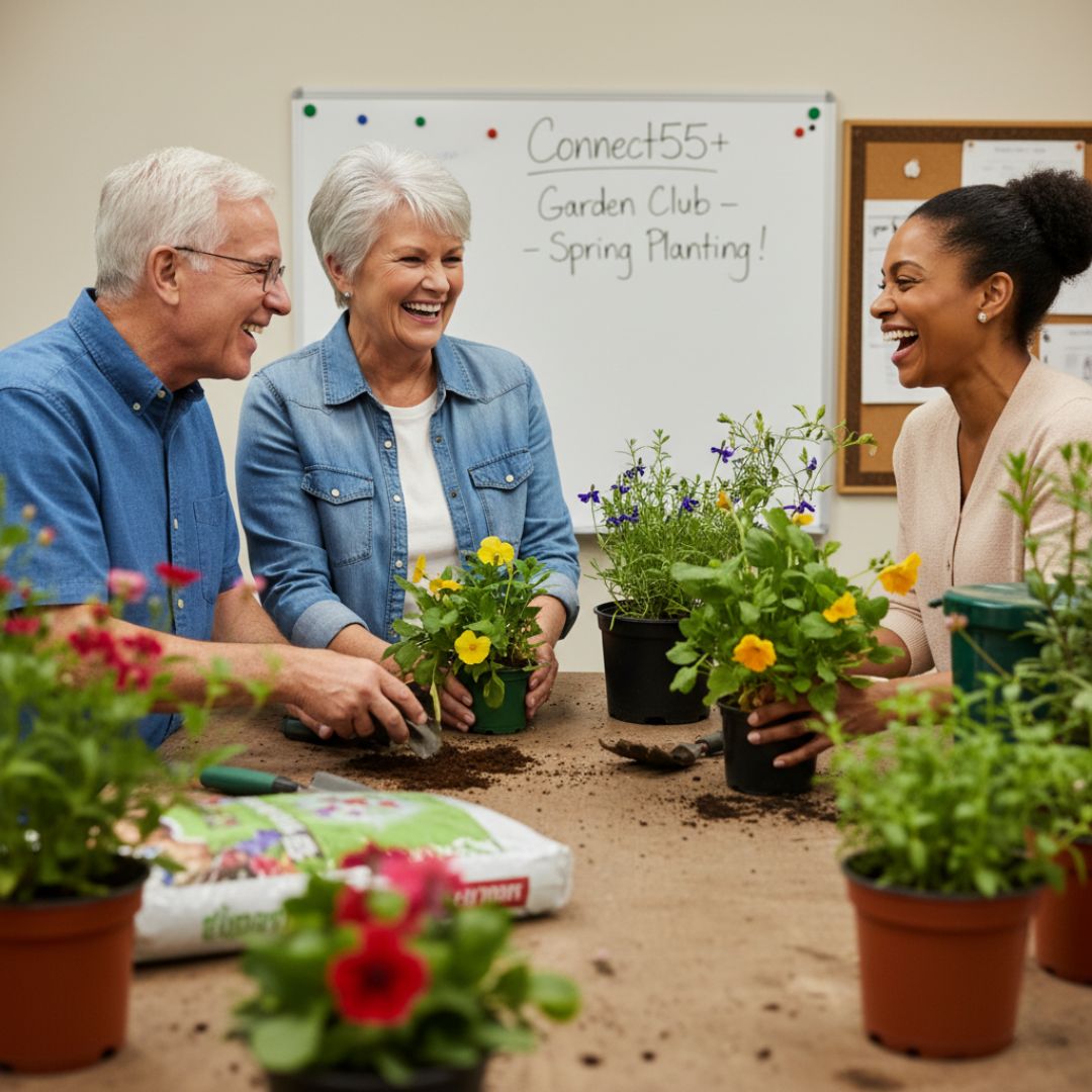 joyful seniors and a younger staff member enthusiastically participating in a "Garden Club - Spring Planting!" activity