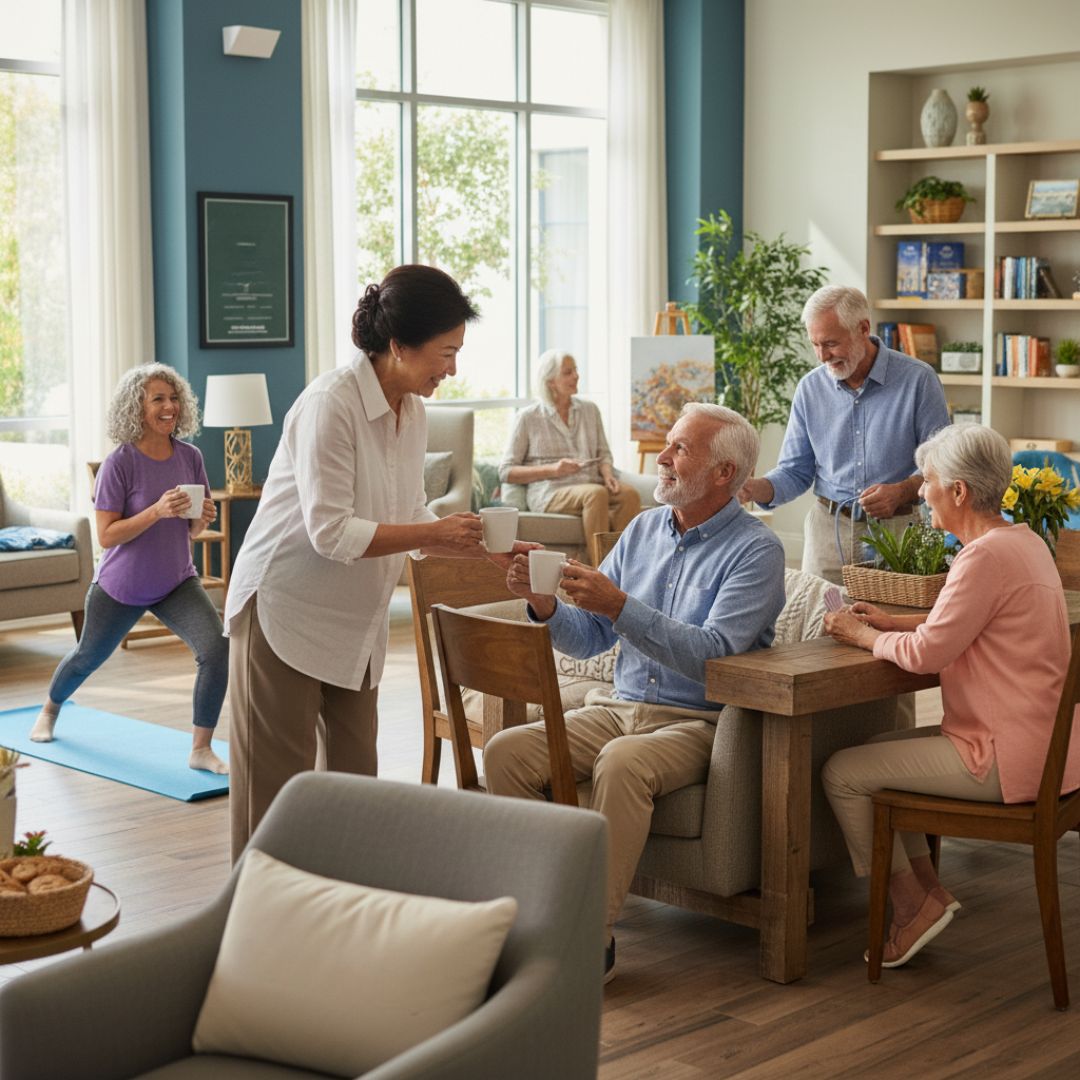 A friendly senior woman serves coffee to another resident in a bustling community lounge