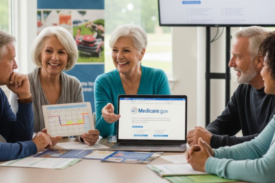 seniors gathered at a table learning about Medicare