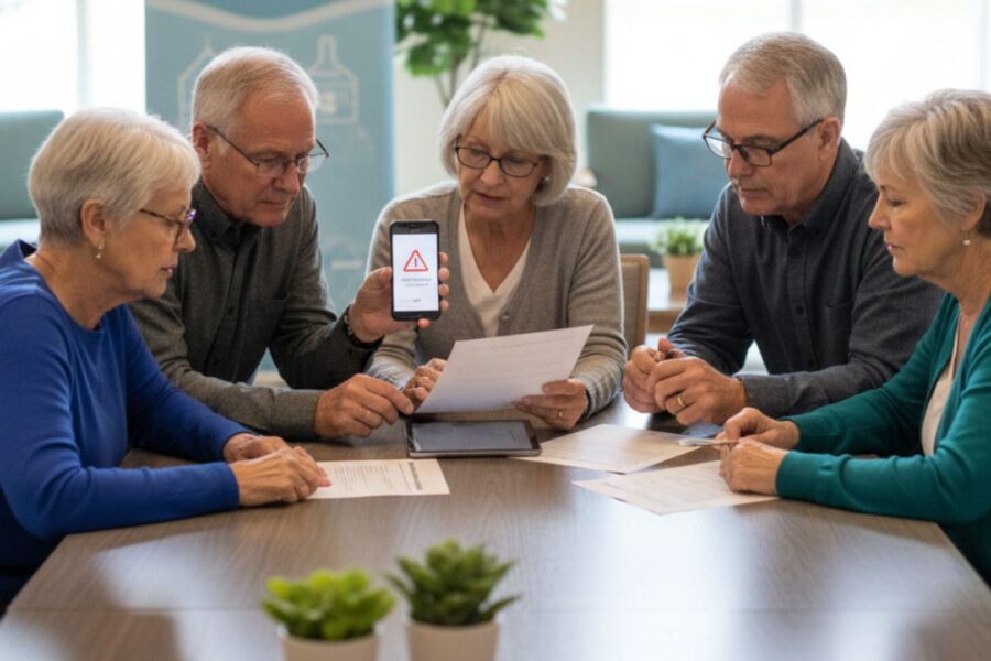Five active seniors are gathered around a table in a bright common area. One woman holds a smartphone displaying a "Scam Alert" warning icon, while another holds a document, indicating a discussion about scam prevention