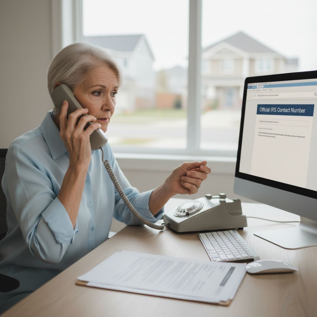 A serious-looking senior woman is on a landline phone, while simultaneously looking at a computer monitor displaying "Official IRS Contact Number" in a web search, indicating she is verifying information