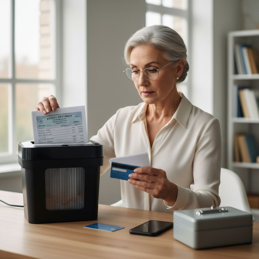 A focused senior woman with glasses is actively shredding a document that appears to be a Social Security statement, while also holding a credit card