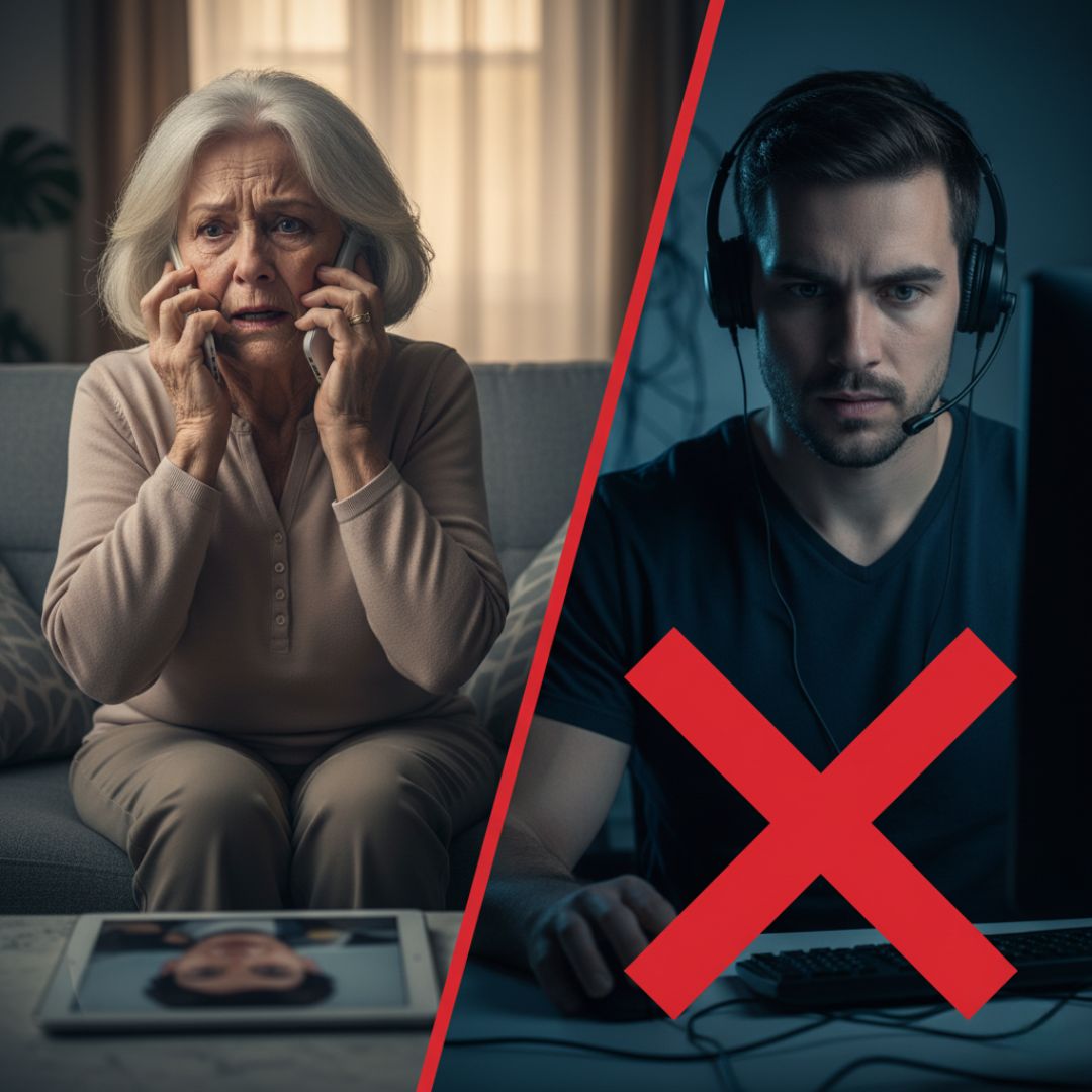 A split image showing a distressed senior woman on the phone, looking worried, with a tablet displaying a child's face in the foreground. On the right, a man with a headset, resembling a scammer, sits intensely at a computer, with a large red 'X' superimposed over his side