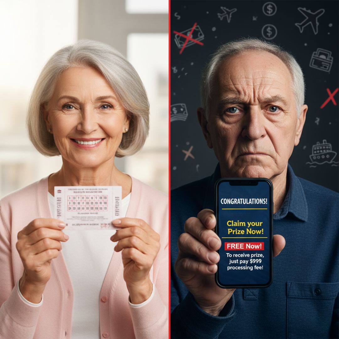 A side-by-side image. On the left, a smiling senior woman holds up a legitimate lottery ticket. On the right, a skeptical senior man holds a smartphone displaying a "CONGRATULATIONS! Claim your Prize Now! FREE Now! To receive prize, just pay $999 processing fee!" message, clearly a scam
