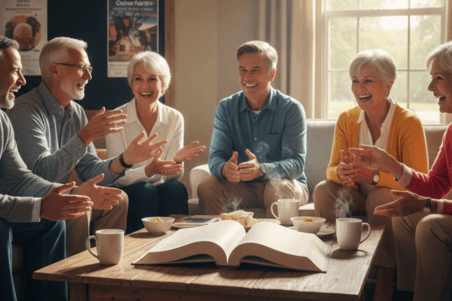 A diverse group of six joyful seniors engaged in lively discussion around a coffee table with an open book, coffee cups, and snacks